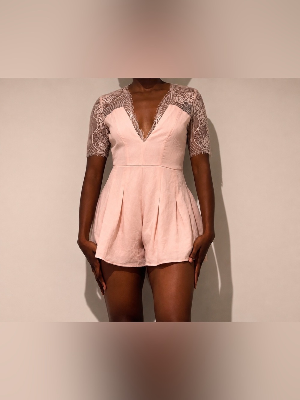 Women’s Pink Lace Romper with Lace Back Panel Short Sleeve Summer, Size Small